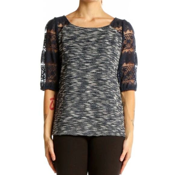 New ANTHROPOLOGIE Women's Navy Postmark Patel Tweed Lace Sleeve Top Size L - Picture 1 of 9